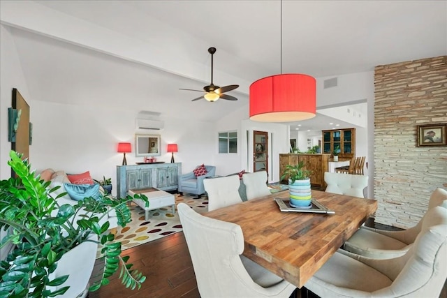922 Challenger, Lakeway, TX 78734 - dining area featuring wood-type flooring, a ceiling fan, a wall mounted air conditioner, and lofted ceiling