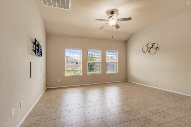 107 Marklawn Ln, Hutto, TX 78634 - empty room with ceiling fan, lofted ceiling, and light tile patterned floors
