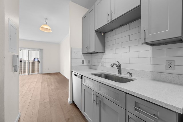 12166 Metric Blvd Unit 115, Austin, TX 78758 - kitchen featuring gray cabinetry, stainless steel dishwasher, and tasteful backsplash