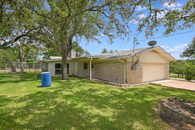 9504 Flintrock Cir, Austin, TX 78737 - back of property featuring a garage, a chimney, concrete driveway, and stone siding
