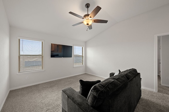 13712 Fallsprings Way, Manor, TX 78653 - carpeted living room featuring vaulted ceiling, ceiling fan, and baseboards