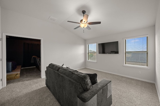 13712 Fallsprings Way, Manor, TX 78653 - living room with lofted ceiling, carpet floors, ceiling fan, and baseboards