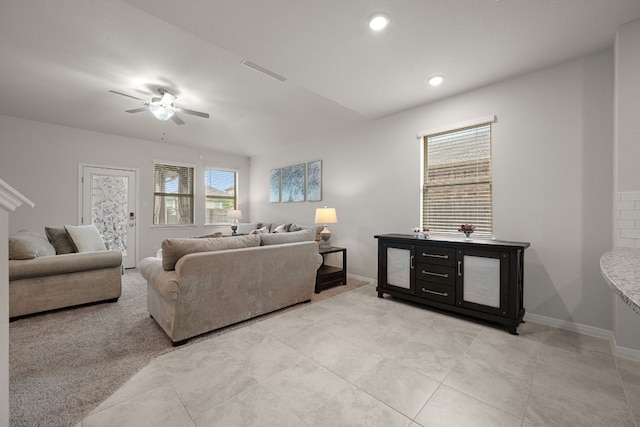 13712 Fallsprings Way, Manor, TX 78653 - living room featuring ceiling fan, baseboards, recessed lighting, and light tile patterned floors