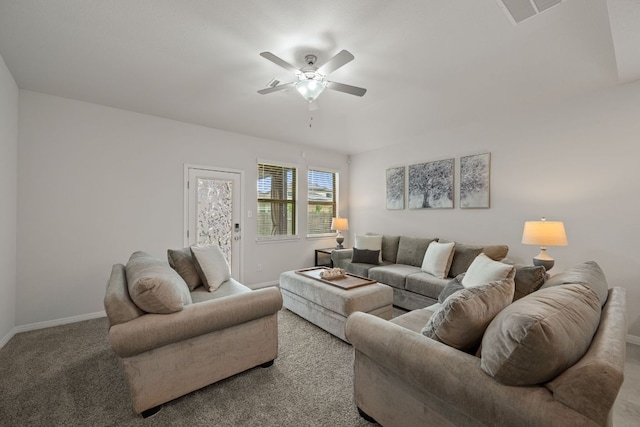 13712 Fallsprings Way, Manor, TX 78653 - carpeted living area featuring ceiling fan and baseboards
