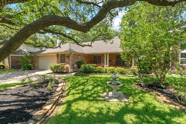 8417 Cornerwood Dr, Austin, TX 78717 - ranch-style home featuring brick siding, a front lawn, concrete driveway, an attached garage, and a shingled roof