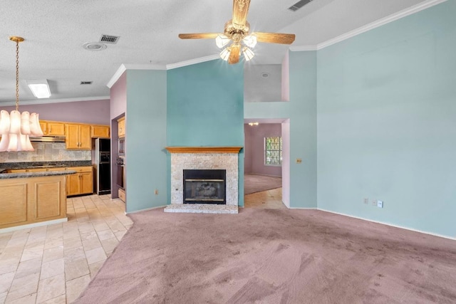 8417 Cornerwood Dr, Austin, TX 78717 - unfurnished living room featuring high vaulted ceiling, ceiling fan, crown molding, and a brick fireplace