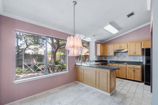 8417 Cornerwood Dr, Austin, TX 78717 - kitchen with black fridge, a peninsula, under cabinet range hood, a textured ceiling, and decorative backsplash