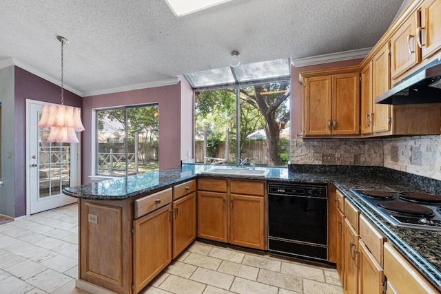 8417 Cornerwood Dr, Austin, TX 78717 - kitchen featuring black dishwasher, a peninsula, ornamental molding, electric cooktop, and a textured ceiling