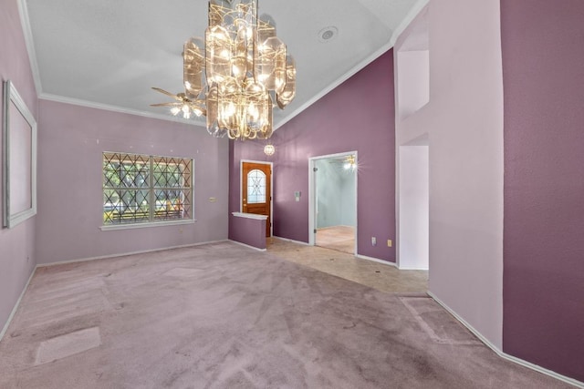 8417 Cornerwood Dr, Austin, TX 78717 - carpeted empty room with crown molding, a chandelier, high vaulted ceiling, and ceiling fan