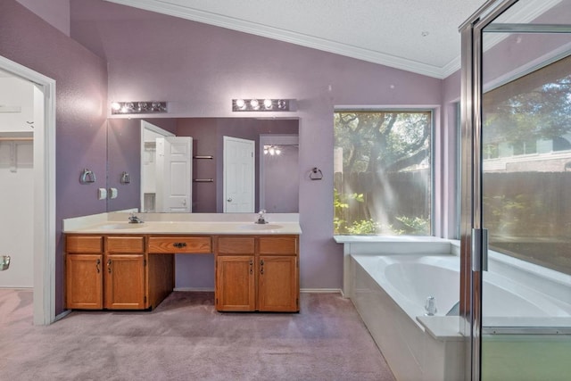 8417 Cornerwood Dr, Austin, TX 78717 - full bath featuring lofted ceiling, ornamental molding, double vanity, a bath, and a closet