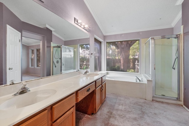 8417 Cornerwood Dr, Austin, TX 78717 - full bathroom featuring a shower stall, double vanity, a garden tub, and crown molding