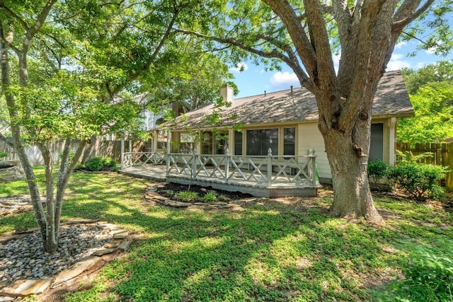 8417 Cornerwood Dr, Austin, TX 78717 - back of house featuring a wooden deck, a chimney, and a shingled roof