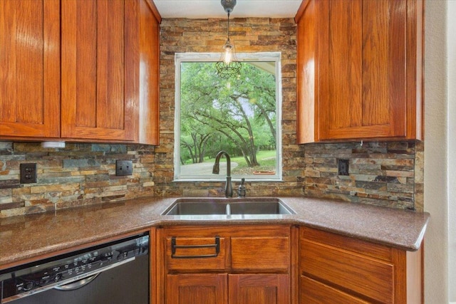 2105 Red Rock Dr, Belton, TX 76513 - kitchen featuring dishwasher, a sink, decorative backsplash, and brown cabinetry