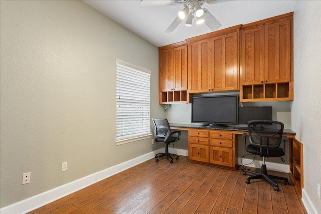 2105 Red Rock Dr, Belton, TX 76513 - office with built in desk, a ceiling fan, baseboards, and dark wood-type flooring