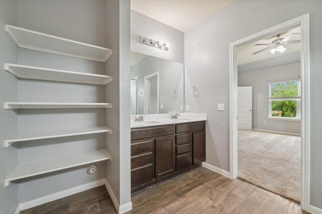 1008 Comal Run, Hutto, TX 78634 - full bath featuring wood finished floors, double vanity, a ceiling fan, and baseboards