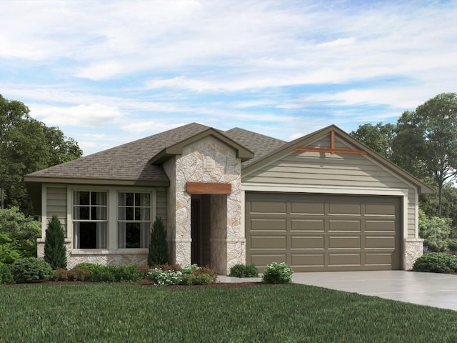 226 Red Tail Hawk Ln, Alum Creek, TX 78612 - ranch-style home with stone siding, concrete driveway, an attached garage, a front yard, and a shingled roof