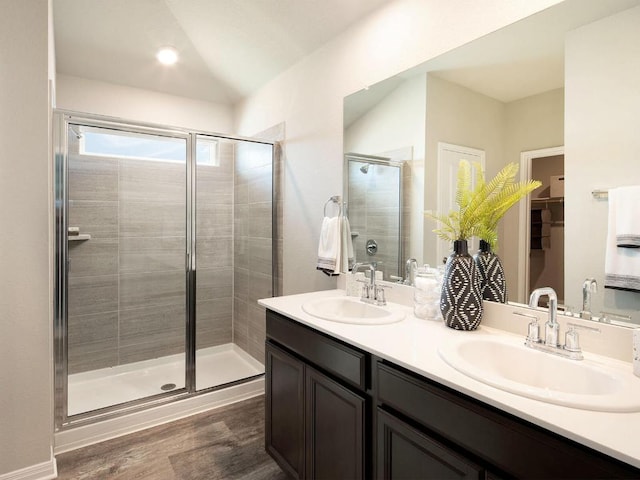 226 Red Tail Hawk Ln, Alum Creek, TX 78612 - bathroom with a stall shower, double vanity, and wood finished floors