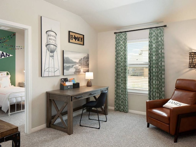 226 Red Tail Hawk Ln, Alum Creek, TX 78612 - office space featuring light carpet, lofted ceiling, and baseboards