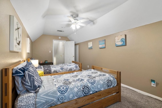 15100 General Williamson Dr, Austin, TX 78734 - bedroom featuring carpet flooring, lofted ceiling, baseboards, and ceiling fan