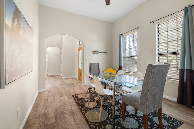 15100 General Williamson Dr, Austin, TX 78734 - dining area featuring arched walkways, light wood finished floors, baseboards, and a ceiling fan