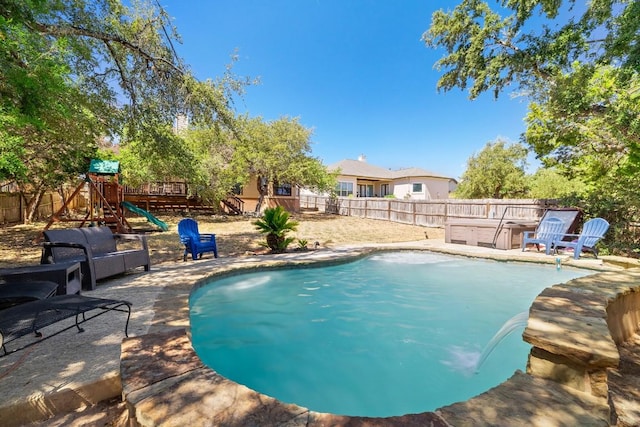 15100 General Williamson Dr, Austin, TX 78734 - view of swimming pool with a patio, a fenced backyard, and a playground