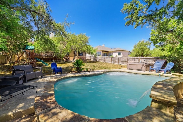 15100 General Williamson Dr, Austin, TX 78734 - view of pool featuring a fenced backyard, a patio, and a playground