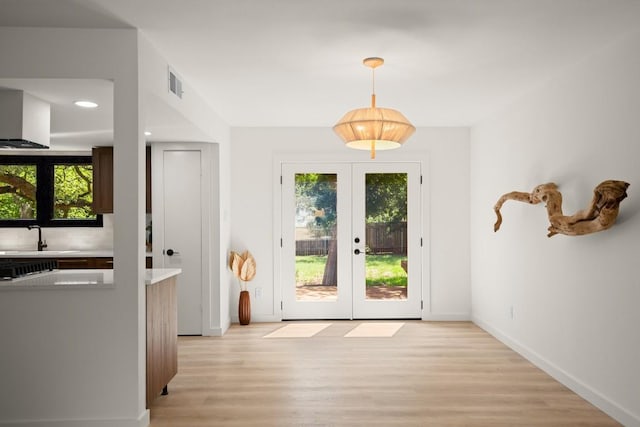 3809 Eton Ln, Austin, TX 78727 - doorway featuring french doors, a sink, plenty of natural light, light wood-style flooring, and recessed lighting