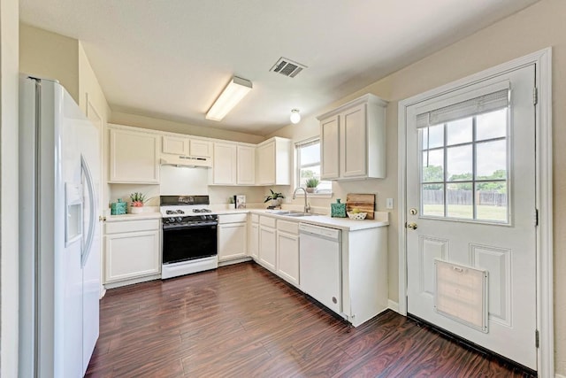 1101 Winecup Ct, Leander, TX 78641 - kitchen with white appliances, under cabinet range hood, light countertops, dark wood finished floors, and white cabinetry