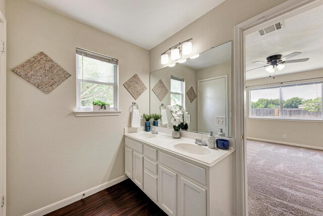 1101 Winecup Ct, Leander, TX 78641 - bathroom featuring plenty of natural light, double vanity, and a ceiling fan
