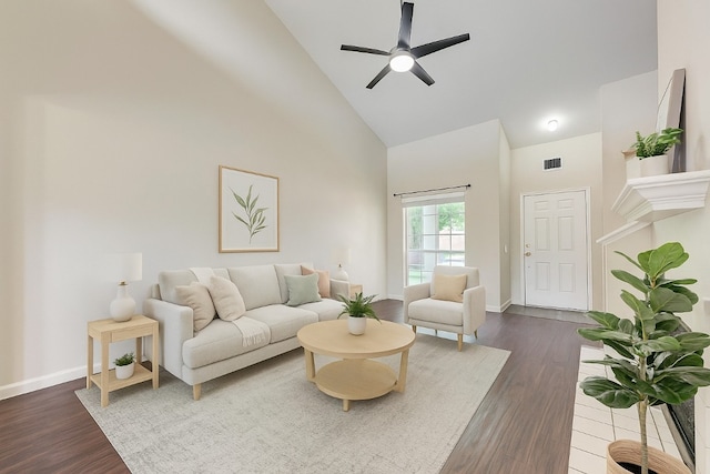 1101 Winecup Ct, Leander, TX 78641 - living area with high vaulted ceiling, dark wood finished floors, and a ceiling fan
