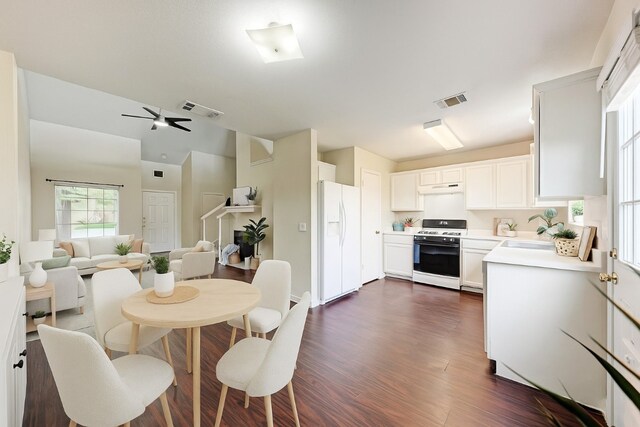 1101 Winecup Ct, Leander, TX 78641 - dining room with dark wood-style flooring, ceiling fan, and lofted ceiling