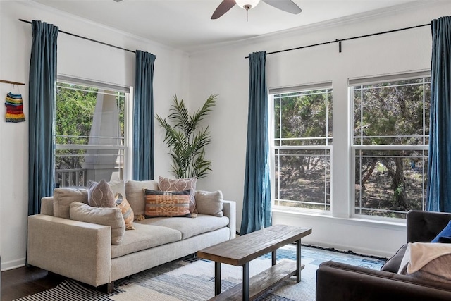 415 Angel Fire Rd, Dripping Springs, TX 78620 - living area with a ceiling fan, healthy amount of natural light, wood finished floors, baseboards, and ornamental molding