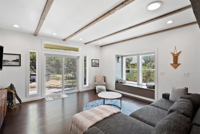415 Angel Fire Rd, Dripping Springs, TX 78620 - living room with beam ceiling, plenty of natural light, wood finished floors, baseboards, and recessed lighting