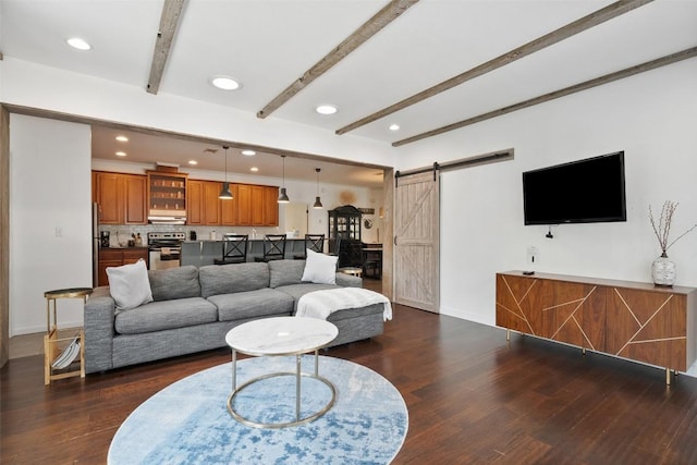 415 Angel Fire Rd, Dripping Springs, TX 78620 - living area featuring a barn door, beam ceiling, dark wood-style flooring, baseboards, and recessed lighting