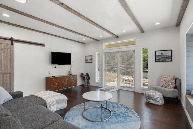 415 Angel Fire Rd, Dripping Springs, TX 78620 - living area featuring a barn door, beamed ceiling, wood finished floors, recessed lighting, and baseboards