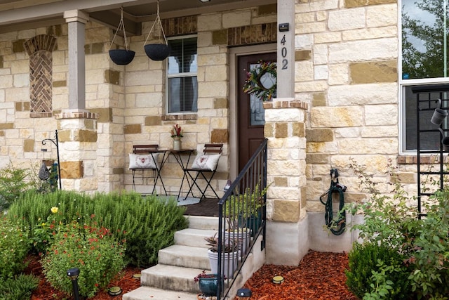 402 Crater Lake Dr, Pflugerville, TX 78660 - doorway to property with stone siding and covered porch