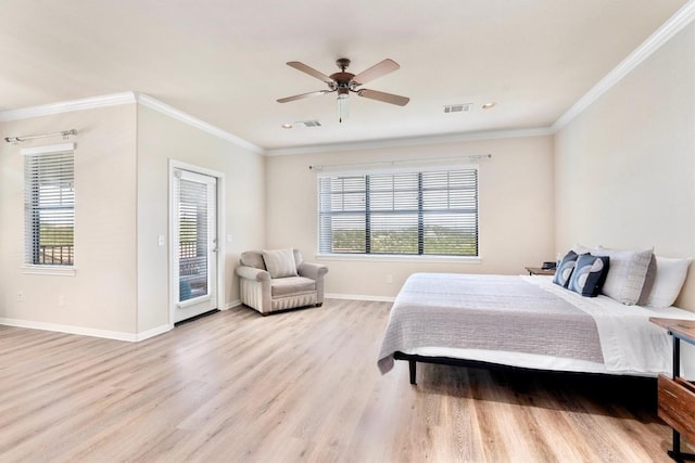 4000 Ranch Road 620 N Unit 7, Austin, TX 78734 - bedroom featuring wood finished floors, ornamental molding, access to exterior, baseboards, and a ceiling fan