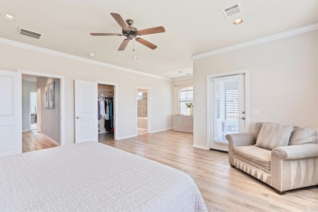 4000 Ranch Road 620 N Unit 7, Austin, TX 78734 - bedroom featuring ornamental molding, light wood finished floors, baseboards, ensuite bath, and a ceiling fan