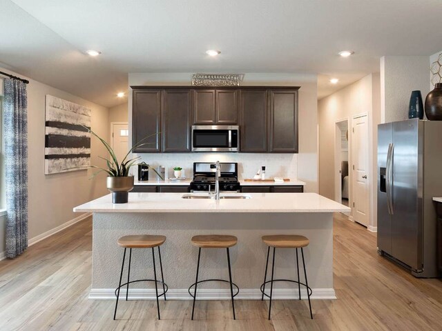 800 Sun Grove Trl, Andice, TX 78628 - kitchen featuring stainless steel appliances, dark brown cabinets, tasteful backsplash, light countertops, and light wood-style floors