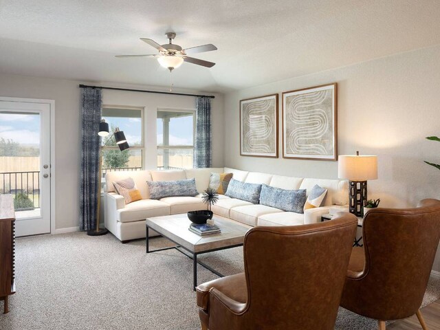 800 Sun Grove Trl, Andice, TX 78628 - living room with a ceiling fan, carpet, and baseboards