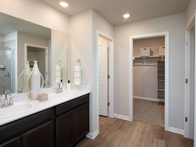 800 Sun Grove Trl, Andice, TX 78628 - full bath featuring a walk in closet, double vanity, a stall shower, wood finished floors, and baseboards