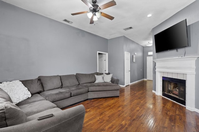2000 Holly Springs Dr, Taylor, TX 76574 - living room featuring ceiling fan, hardwood / wood-style floors, a tile fireplace, and recessed lighting