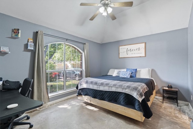 2000 Holly Springs Dr, Taylor, TX 76574 - bedroom with multiple windows, an office area, concrete flooring, lofted ceiling, and ceiling fan