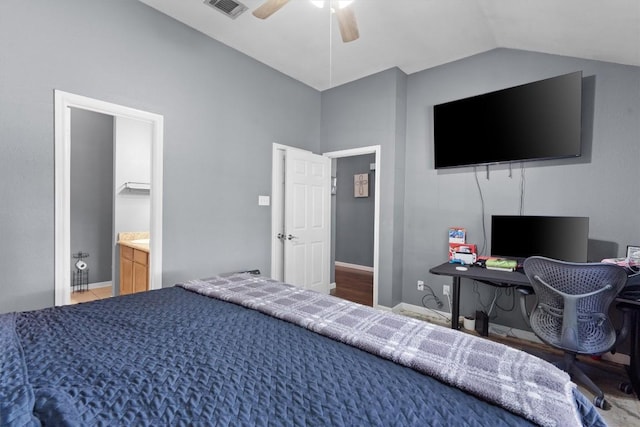 2000 Holly Springs Dr, Taylor, TX 76574 - bedroom with vaulted ceiling, a ceiling fan, and an office area