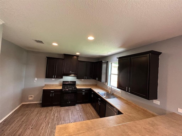 125 Lilly Crk, Boerne, TX 78006 - kitchen featuring black range with gas cooktop, a sink, a textured ceiling, light wood-style floors, and light countertops