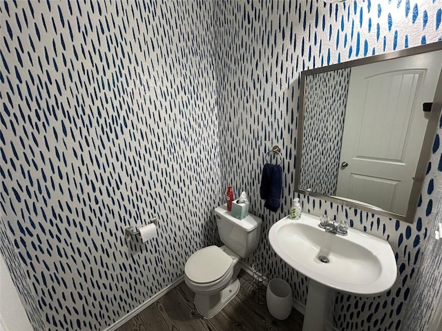 125 Lilly Crk, Boerne, TX 78006 - bathroom with toilet, wood finished floors, wallpapered walls, and a sink