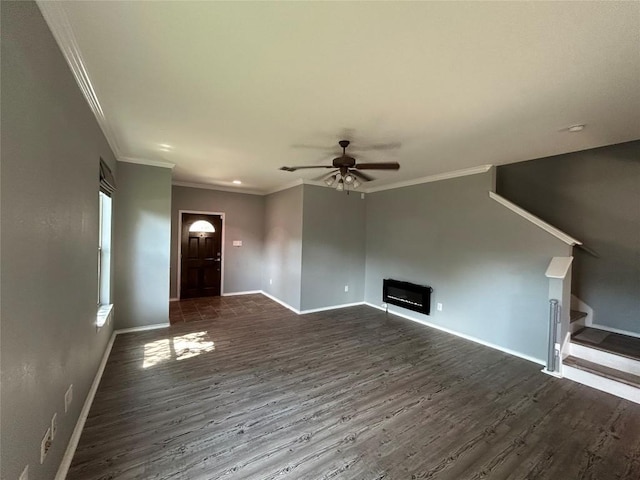 125 Lilly Crk, Boerne, TX 78006 - unfurnished living room featuring dark wood finished floors, ceiling fan, baseboards, stairs, and ornamental molding
