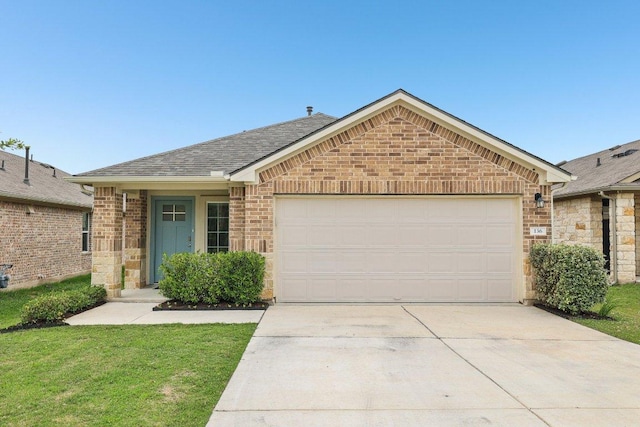 136 Ellinger Rd, Georgetown, TX 78626 - ranch-style house featuring concrete driveway, a garage, a shingled roof, stone siding, and a front yard