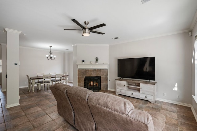 4308 Canyon Glen Cir, Austin, TX 78732 - living room with ceiling fan, baseboards, crown molding, a chandelier, and stone finish floors
