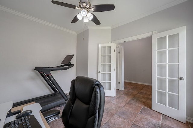 4308 Canyon Glen Cir, Austin, TX 78732 - office area with crown molding, a ceiling fan, baseboards, stone finish flooring, and french doors